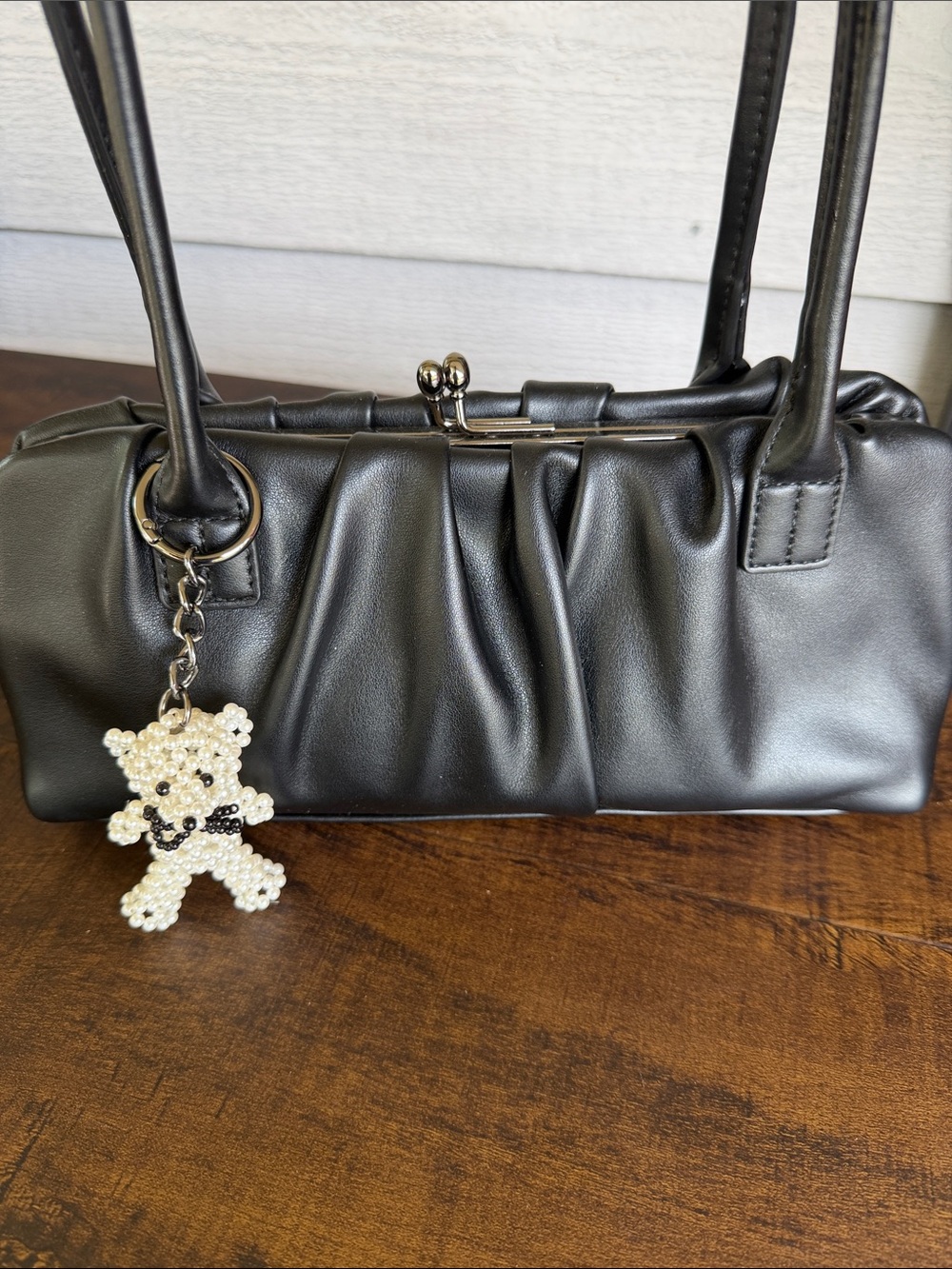 BCBG Black Pleated Shoulder Bag with Beaded Bear Charm